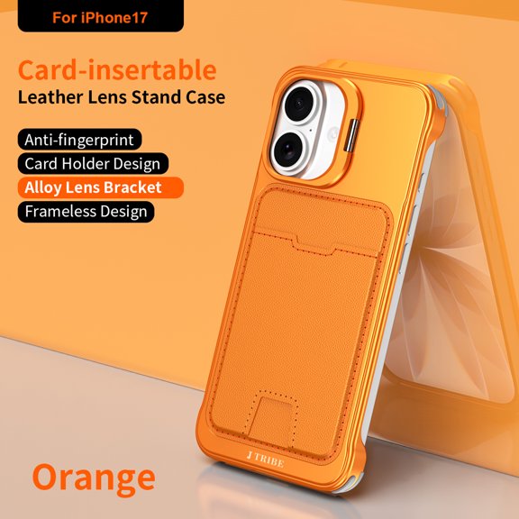 Decase Frameless Metal Lens Stand Case for iPhone 17,Rugged Alloy Lens Stand Bracket Cover,Borderless Metal Back Cover,RFID Blocking PU Leather Card Slot,Orange