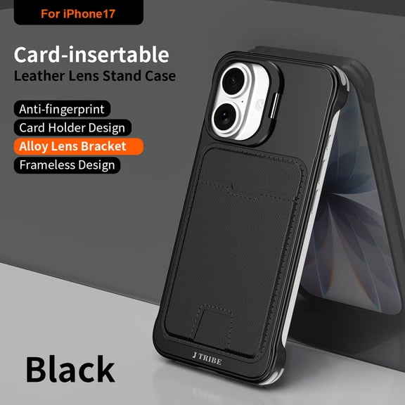 Decase Frameless Metal Lens Stand Case for iPhone 17,Rugged Alloy Lens Stand Bracket Cover,Borderless Metal Back Cover,RFID Blocking PU Leather Card Slot,Black