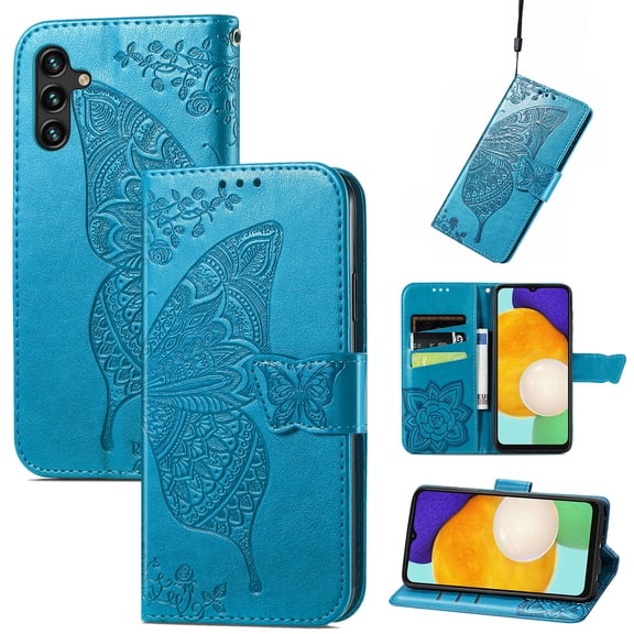 Decase Galaxy A14 Wallet Case,Fashionable Butterfly & Flower Embossed PU Leather Shockproof Folio Flip Case with Card Slots Stand Protective Phone Cover for Samsung Galaxy A14 5G,Blue