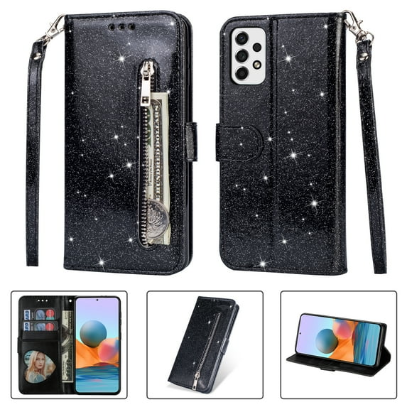 Decase Galaxy A32 5G Bling Wallet Phone Case Sparkle Magnetic Clasp PU Leather Purse Folio Flip Cover with Strap Zipper Pocket for Samsung Galaxy A32 5G,Black