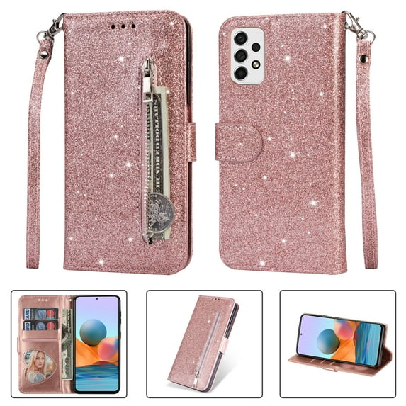 Decase Galaxy A32 5G Bling Wallet Phone Case Sparkle Magnetic Clasp PU Leather Purse Folio Flip Cover with Strap Zipper Pocket for Samsung Galaxy A32 5G,Rosegold