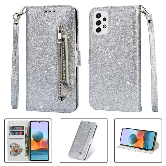 Decase Galaxy A32 5G Bling Wallet Phone Case Sparkle Magnetic Clasp PU Leather Purse Folio Flip Cover with Strap Zipper Pocket for Samsung Galaxy A32 5G,Silver