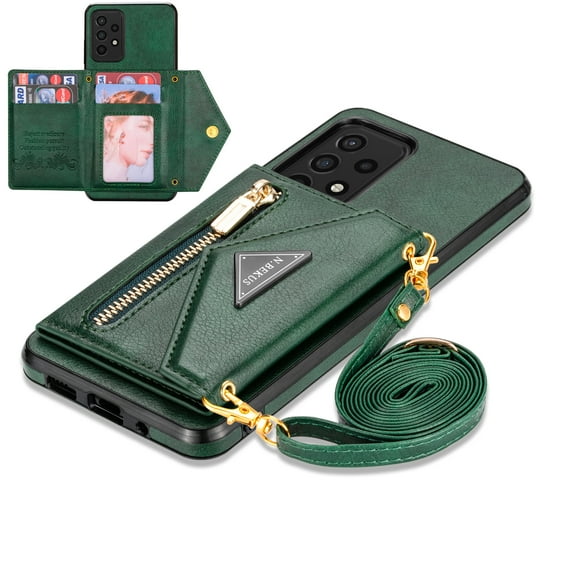 Decase for Galaxy A53 5G Crossbody Wallet Case with Card Holder for Women,Leather Magnetic Zipper Purse Back Case with Card Slot Kickstand Shoulder Strap, Green