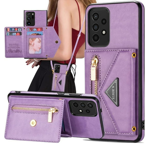 Decase for Galaxy A53 5G Crossbody Wallet Case with Card Holder for Women,Leather Magnetic Zipper Purse Back Case with Card Slot Kickstand Shoulder Strap, Purple