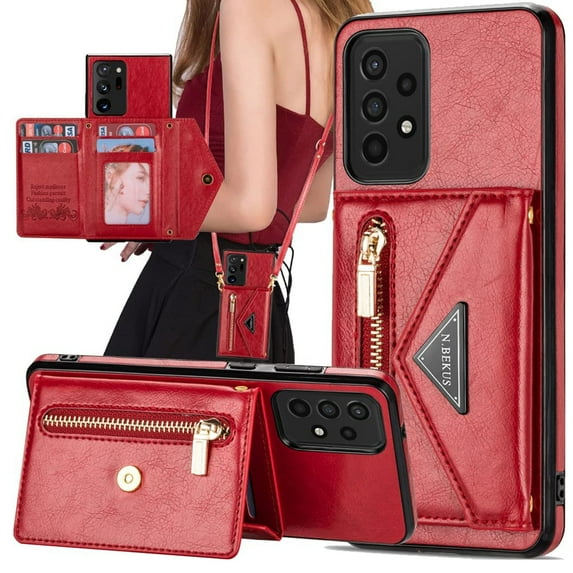 Decase for Galaxy A53 5G Crossbody Wallet Case with Card Holder for Women,Leather Magnetic Zipper Purse Back Case with Card Slot Kickstand Shoulder Strap, Red