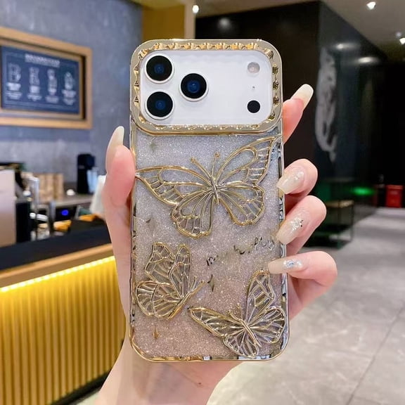 Decase Glitter Butterfly TPU Phone Case For iPhone 17 Pro Max,Shockproof Flexible Protective Back Cover,Fashion 3D Butterfly Glitter TPU Slim Cover,Gold