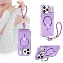 Decase Glitter Magnetic Case for Apple iPhone 17 Pro Max with Wrist Strap,Shockproof Anti-Scratch TPU PC Hybrid Back Cover, Wireless Charging Compatible Rugged Lens Kickstand Protective Cover,Purple