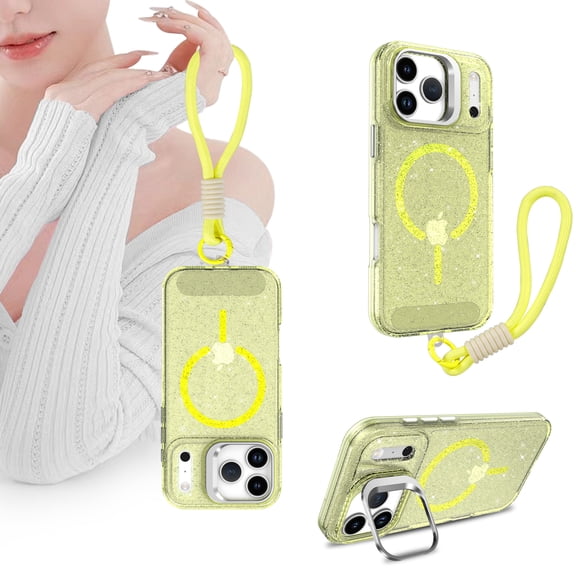 Decase Glitter Magnetic Case for Apple iPhone 17 Pro with Wrist Strap,Shockproof Anti-Scratch TPU+PC Hybrid Back Cover, Wireless Charging Compatible Rugged Lens Kickstand Protective Cover,Yellow