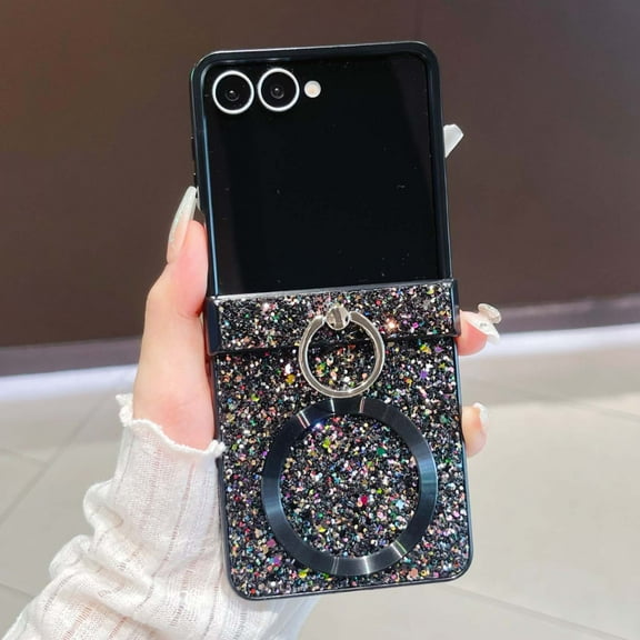 Decase Glitter Magnetic Case for Samsung Galaxy Z Flip 7 FE 5G 2025, Fashion Sparkling Shockproof Back Cover Bulit in Ring Grip,Anti-Fingerprint Z Flip 6/Z Flip 7 FE Hybrid Mag-Safe Case,Black