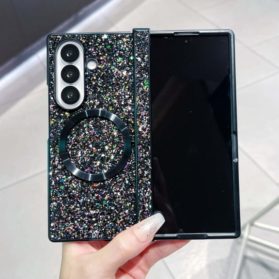 Decase Glitter Magnetic Case for Samsung Galaxy Z Fold 4 5G 2022, Fashion Sparkling Shockproof Back Cover Bulit in Ring Grip,Wireless Charging Support, Anti-Fingerprint PC+TPU Hybrid Case,Black