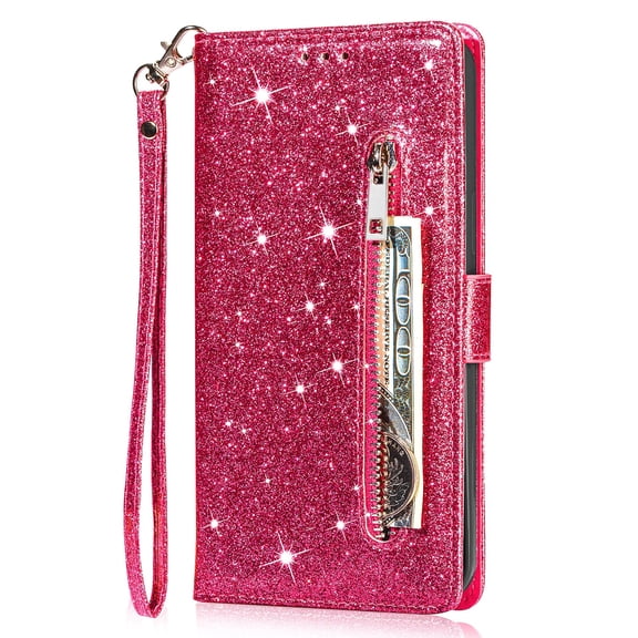 Decase Glitter Wallet Case for Google Pixel 7 Pro, Sparkly Luxury PU Leather Flip Folio Kickstand Cover Zipper Pocket Women Purse Sleeve with Card Holder & Detachable Wrist Strap, Rose