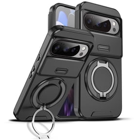 Decase for Google Pixel 10 /10 Pro 2025, Hard Plastic Shell Phone Case, Compatible with Mag Safe Accessories, with Ring Grip Holder Kickstand+Slide Camera Cover,Rugged Shockproof Cover,Black