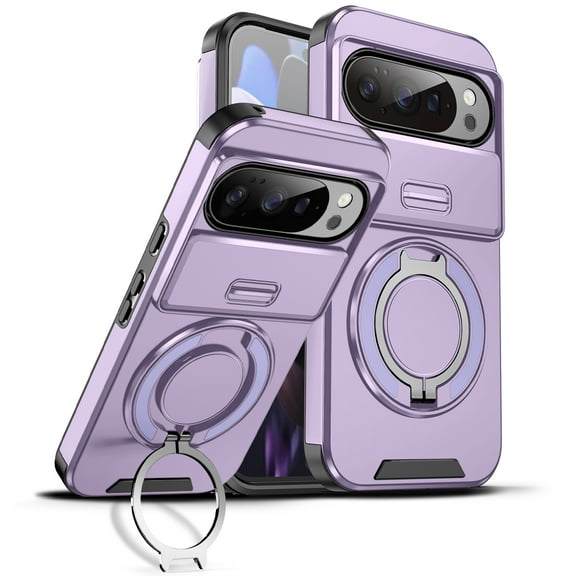 Decase for Google Pixel 10 /10 Pro 2025, Hard Plastic Shell Phone Case, Compatible with Mag Safe Accessories, with Ring Grip Holder Kickstand+Slide Camera Cover,Rugged Shockproof Cover,Purple