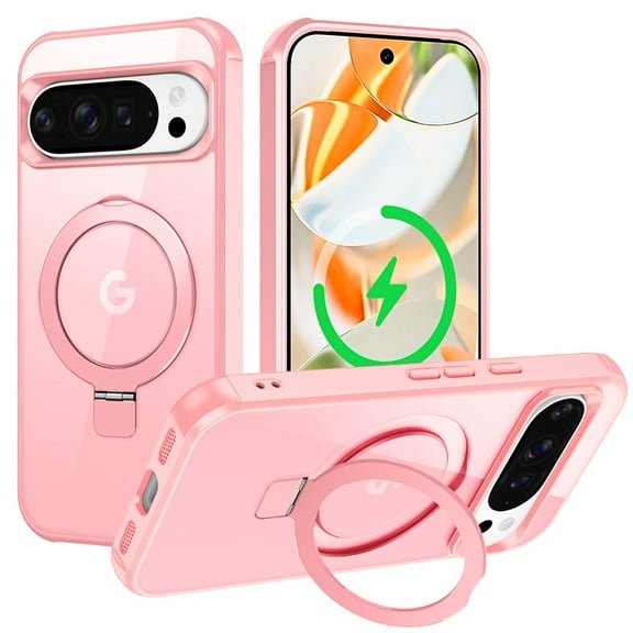 Decase for Google Pixel 10 /10 Pro Case, Magnetic Invisible Ring Stand Compatible with MagSafe Accessory Drop Protection Slim Frosted Translucent Back Shockproof Protective Cover, Pink
