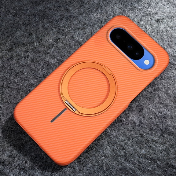 Decase for Google Pixel 10 /10 Pro Case,Magnetic Shockproof Hard PC Heat-Dissipation Back Cover,Slim Matte Carbon Fiber Texture Ring Stand Cover,Orange