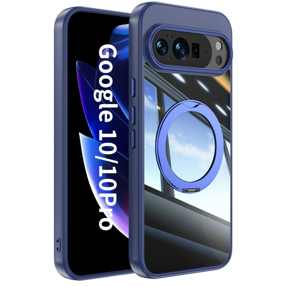Decase for Google Pixel 10 /10 Pro Clear Case with Metal Stand Ring Holder, Ultra Thin Transparent Case for Google Pixel 10 /10 Pro for Women Men,Shockproof Stand Cover with Lens Protector,Blue