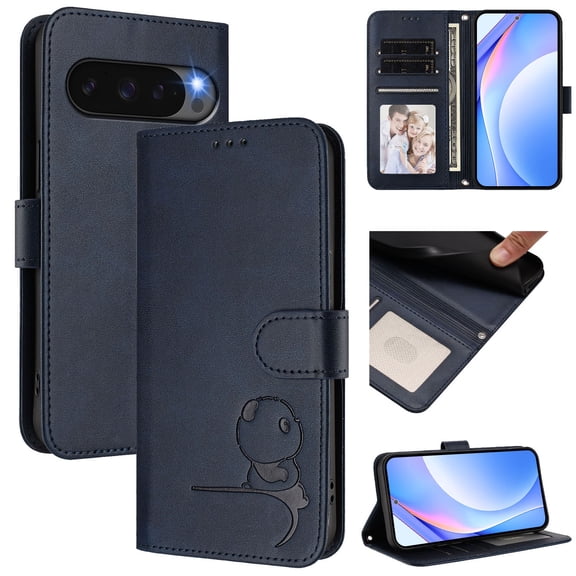 Decase for Google Pixel 10 /10 Pro Wallet Case,Premium PU Cute Cat Leather Flip Wallet RFID Blocking Cover,Flip Cover with Wrist Strap,Shockproof Card Slot Holder Cover,Darkblue