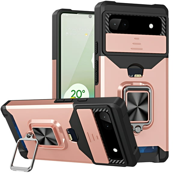 Decase for Google Pixel 6A Phone Case with Wallet Card Holder Ring Stand Kickstand Heavy Duty Slim Shockproof Hybrid Rugged Drop Protective Cover Support Car Mount Holder, Rosegold