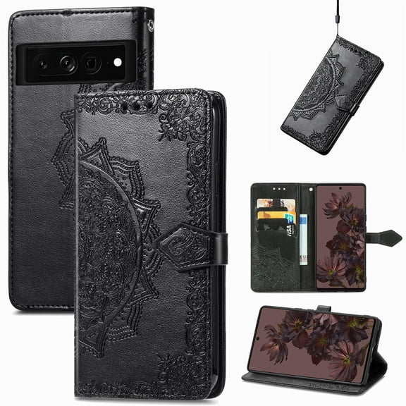 Decase for Google Pixel 6A Wallet Case, Shockproof PU Leather Emboss Floral Flower Wrist Strap Folio Magnetic Kickstand Card Slots Protective Cover, black