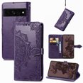 thumbnail image 1 of Decase for Google Pixel 6A Wallet Case, Shockproof PU Leather Emboss Floral Flower Wrist Strap Folio Magnetic Kickstand Card Slots Protective Cover, purple, 1 of 1