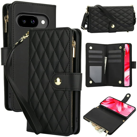 Decase for Google Pixel 7 Wallet Phone Case with Crossbody Lanyard Strap&Wrist Strip,Shockproof Stylish Zipper Pockets Case with Card Slots+Cash Slots,PU Leather Folio Book Design,Black