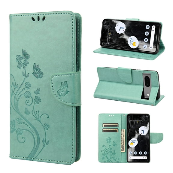 Decase for Google Pixel 7A Wallet Case, Shockproof Magnetic Women Flip Folio Cover with Butterfly Emboss Floral PU Leather Stand Credit Card Holders Slots Protective Phone Case,Mint