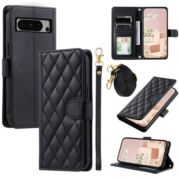 Decase for Google Pixel 8 Case Wallet with Card Holder for Women Man,Elegant Style Protective Leather Stand Cover Magnetic Clasp Crossbody Strap & Wristband,for Google Pixel 8- black