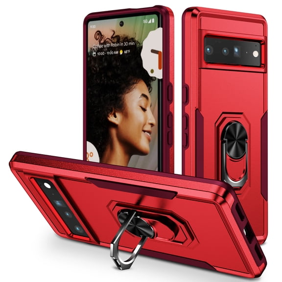 Decase for Google Pixel 8 Case With 360° Finger Ring Metal Kickstand [Military Grade Drop Protection] Heavy Duty Shockproof Rugged Phone Cover,for Google Pixel 8 - Rose + Red