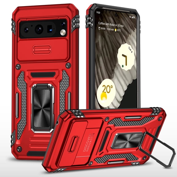 Decase for Google Pixel 8 Pro,Google Pixel 8 Pro Heavy Duty Case with Slide Camera Protector & Compatible with Magnetic Car Mount,Hybrid PC +TPU Dual Layer Protective Kickstand Phone Cover - Red