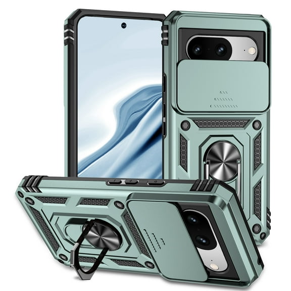 Decase for Google Pixel 8 Slim Military Grade Shockproof Case,with Slide Camera Lens Protector,Built-in Magnetic Rotation Ring Holder Stand Dual-layer Protective Case Cover,Darkgreen