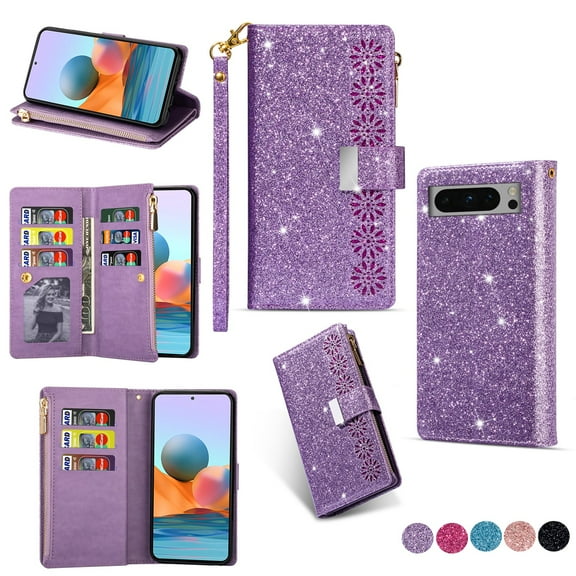 Decase for Google Pixel 8 Sparkle Bling Glitter Wallet Case, Magnetic Flip Cover with Zipper, Wrist Strap, Card Slot, Kickstand - Shockproof Protection for Girls & Ladies,Purple