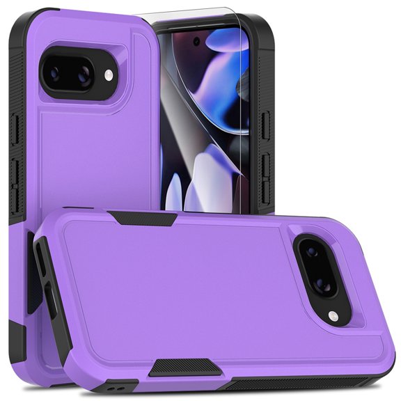 Decase for Google Pixel 9A Case, Shockproof Heavy Duty Hybrid Protection Hard PC Shell Flexible TPU Bumper, Military Grade Drop Proof Durable Protective Case with Screen Protector,Purple