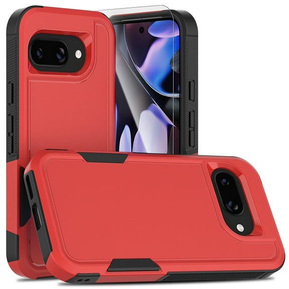 Decase for Google Pixel 9A Case, Shockproof Heavy Duty Hybrid Protection Hard PC Shell Flexible TPU Bumper, Military Grade Drop Proof Durable Protective Case with Screen Protector,Red