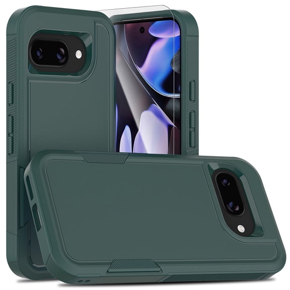 Decase for Google Pixel 9A Case, Shockproof Heavy Duty Hybrid Protection Hard PC Shell Flexible TPU Bumper, Military Grade Drop Proof Durable Protective Case with Screen Protector,Darkgreen