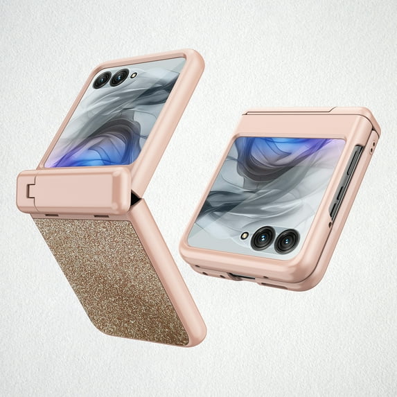 Decase Hard PC Glitter Stand Cover Compatible with Motorola Razr 60/Razr 2025 Case with Screen Protector and Hinge,Thin Slim Bling Protective Matte Flip Phone Cover fits for Moto Razr 2025,Gold