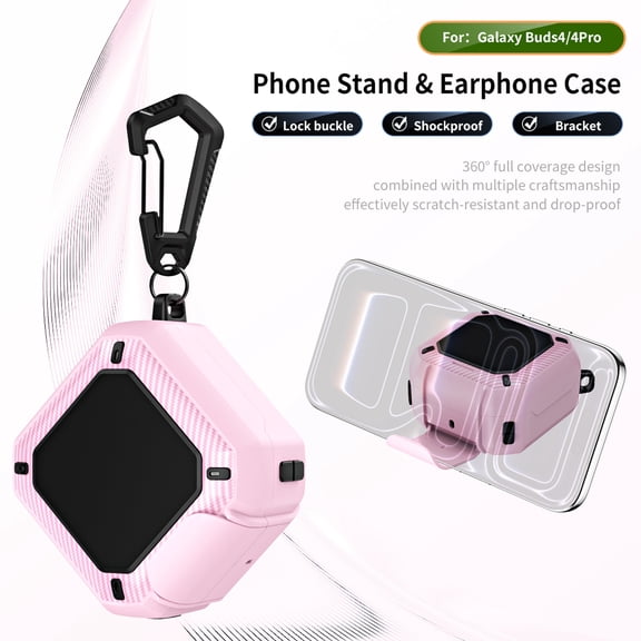 Decase Heavy Duty Case for Samsung Galaxy Buds 4 / 4 Pro with Safety Lock Hatch Bottom Phone Stand Carabiner Wireless Charging Cover, Pink