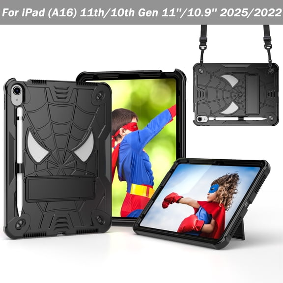Decase Heavy Duty Hard Cartoon Case for iPad (A16) 11th/10th Gen 11"/10.9" 2025/2022, Shockproof Protective Cover with Kickstand, Shoulder Strap & Pencil Slot,Black
