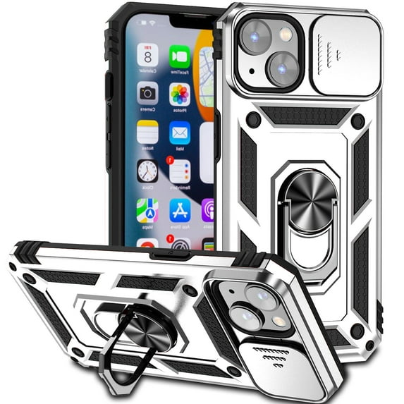 Decase Heavy Duty Rugged Case for iPhone 14 Plus,Shockproof Scratch Resistant Case with Slide Camera Cover Built-in 360° Ring Holder Kickstand Magentic Protective Case For iPhone 14 Plus,Silver