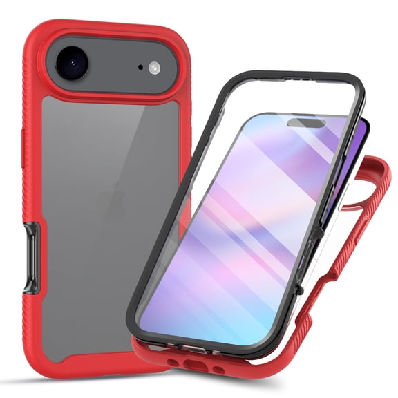 Decase Hybrid Anti-Scratch Clear Case for Apple iPhone Air, Dustproof Shockproof Case with Built-in Front Tempered Screen Protector, Full Body Protective Heavy Duty Slim Back Phone Cover,Red