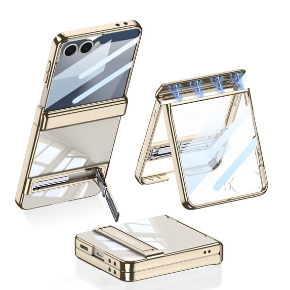 Decase Hybrid Case for Samsung Galaxy Z Flip 7 5G 2025, Stylish Slim Fit Lightweight Shock-Absorbent Protective Case, Anti-Scratch Magnetic Hing Case with Built-in Screen Protector & Kickstand,Gold