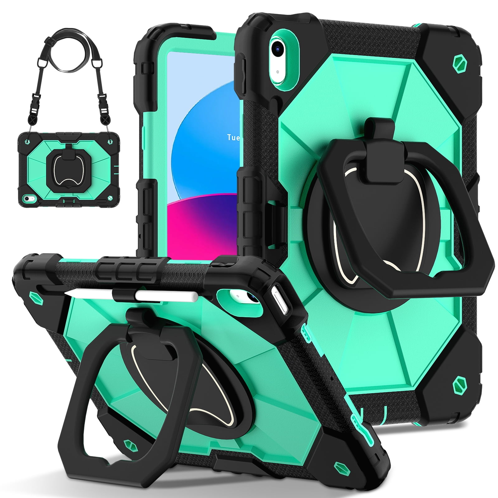 Decase Kids Case for Apple iPad 11th (A16)/10th Gen 2025/2022,Shockproof Rotatable Stand Cover,Detachable Shoulder Strap,Rugged 3-Layer Tablet Shell with Pen Holder,Black+Mint