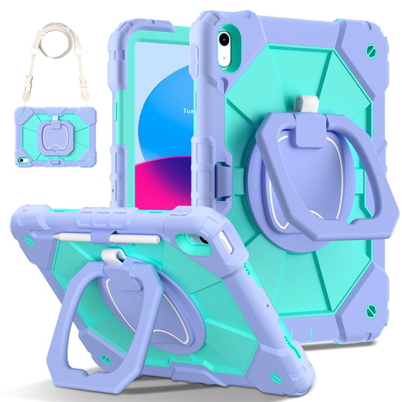 Decase Kids Case for Apple iPad 11th (A16)/10th Gen 2025/2022,Shockproof Rotatable Stand Cover,Detachable Shoulder Strap,Rugged 3-Layer Tablet Shell with Pen Holder,Purple+Mint