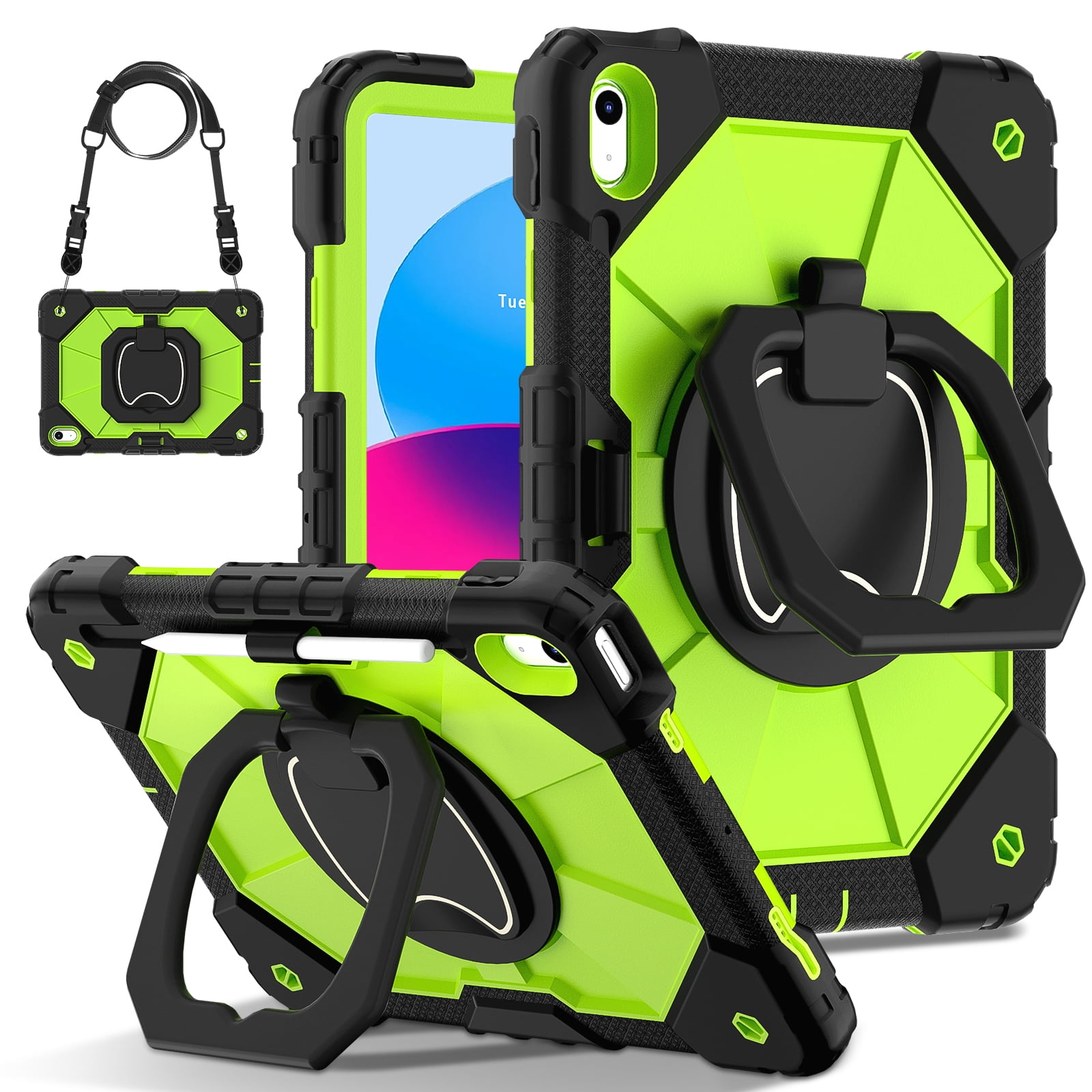 Decase Kids Case for Apple iPad 11th (A16)/10th Gen 2025/2022,Shockproof Rotatable Stand Cover,Detachable Shoulder Strap,Rugged 3-Layer Tablet Shell with Pen Holder,Black+Green