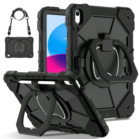 Decase Kids Case for Apple iPad 11th (A16)/10th Gen 2025/2022,Shockproof Rotatable Stand Cover,Detachable Shoulder Strap,Rugged 3-Layer Tablet Shell with Pen Holder,Black