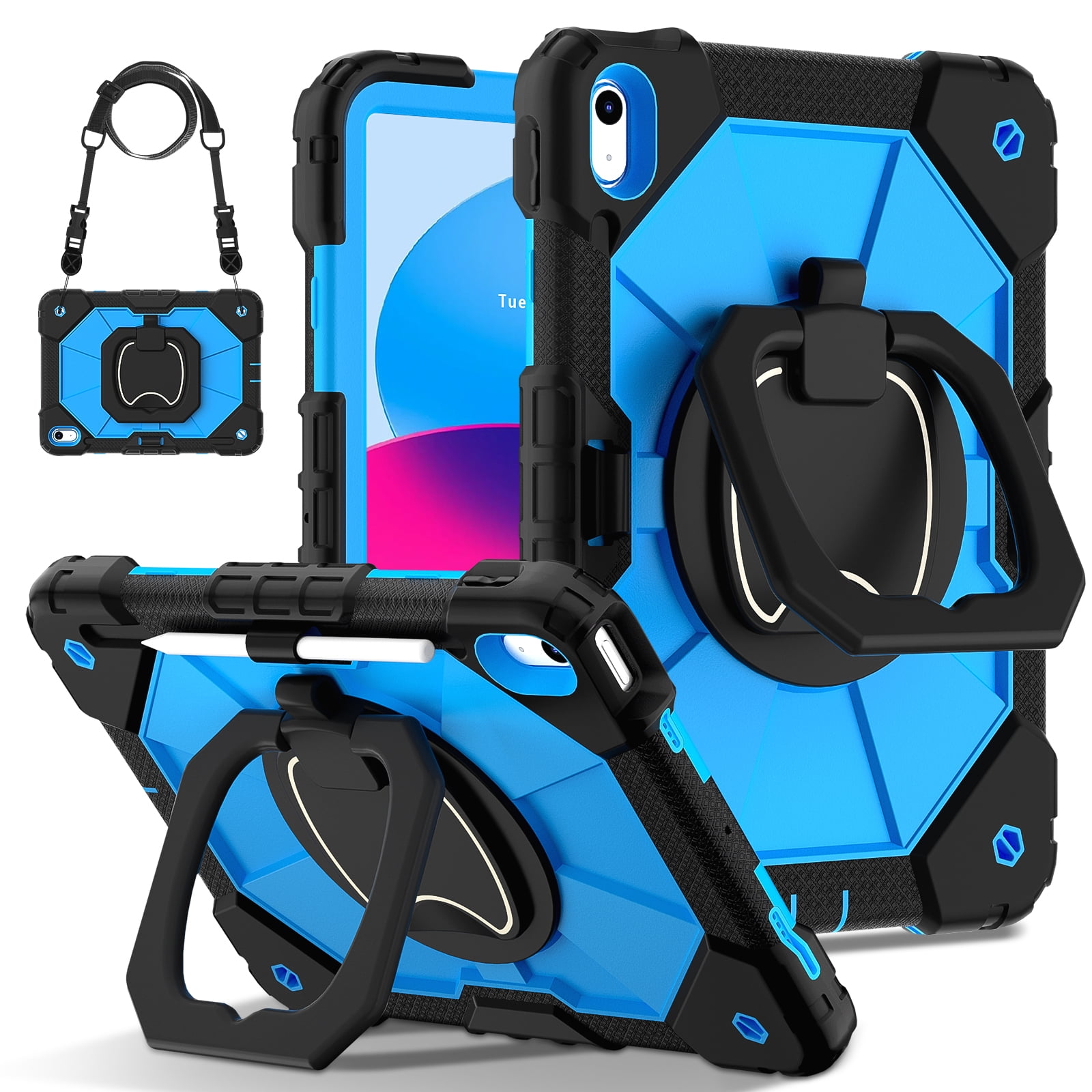 Decase Kids Case for Apple iPad 11th (A16)/10th Gen 2025/2022,Shockproof Rotatable Stand Cover,Detachable Shoulder Strap,Rugged 3-Layer Tablet Shell with Pen Holder,Black+Blue