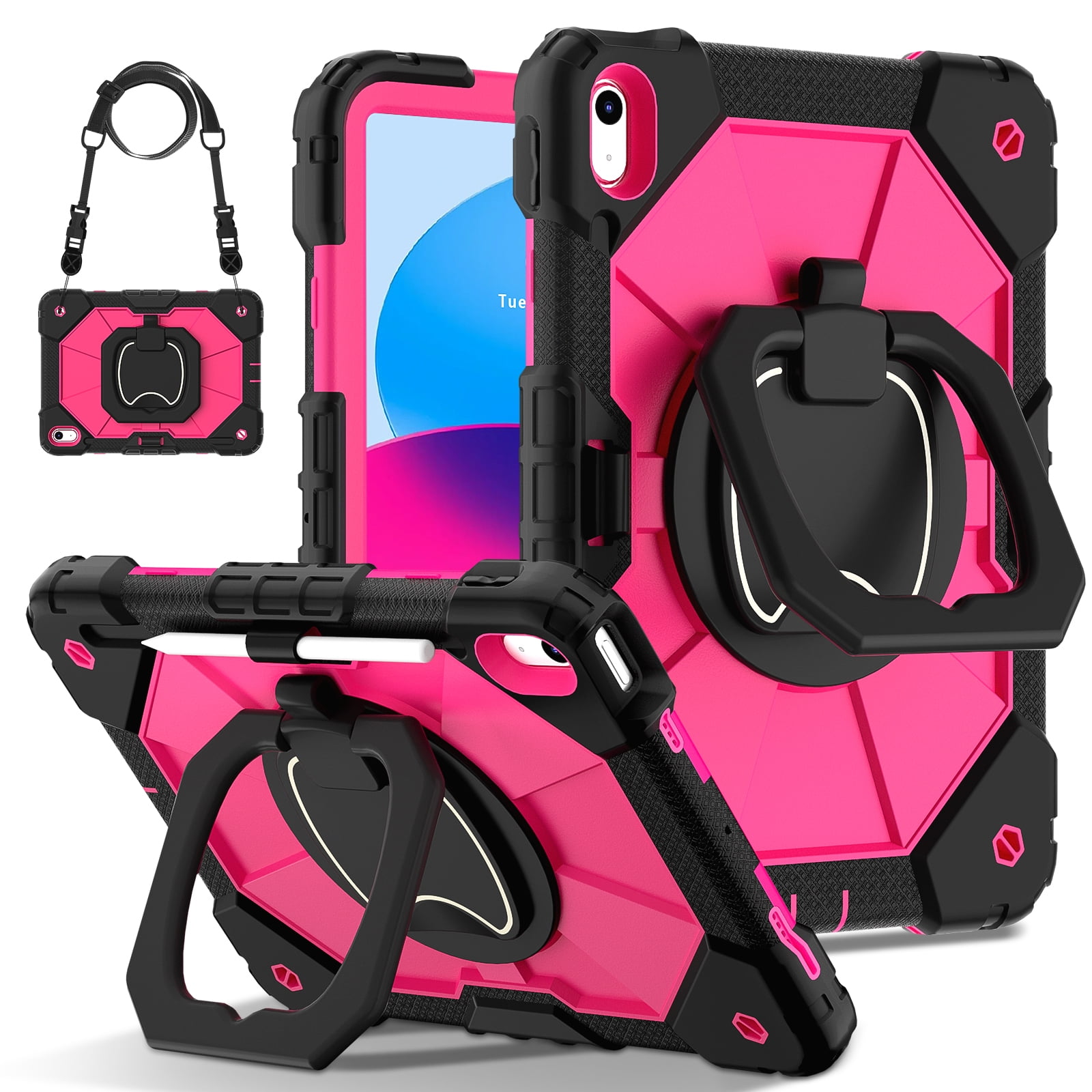 Decase Kids Case for Apple iPad 11th (A16)/10th Gen 2025/2022,Shockproof Rotatable Stand Cover,Detachable Shoulder Strap,Rugged 3-Layer Tablet Shell with Pen Holder,Black+Rose