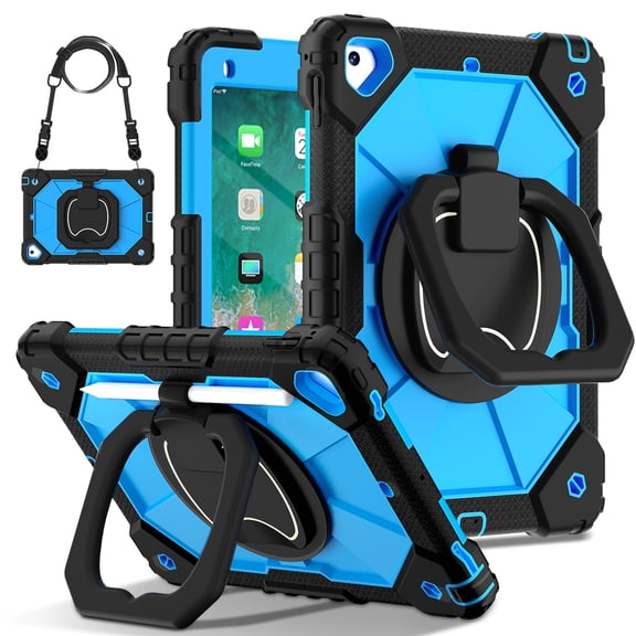 Decase Kids Case for Apple iPad 9.7" 6th Gen 2018/iPad Pro (9.7-inch) 2016,Shockproof Rotatable Stand Cover,Detachable Shoulder Strap,Rugged 3-Layer Tablet Shell with Pen Holder,Black+Blue