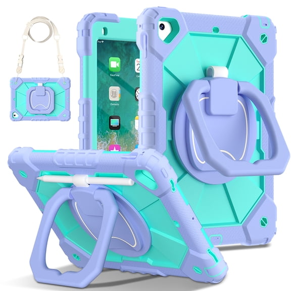 Decase Kids Case for Apple iPad 9.7" 6th Gen 2018/iPad Pro (9.7-inch) 2016,Shockproof Rotatable Stand Cover,Detachable Shoulder Strap,Rugged 3-Layer Tablet Shell with Pen Holder,Purple+Mint