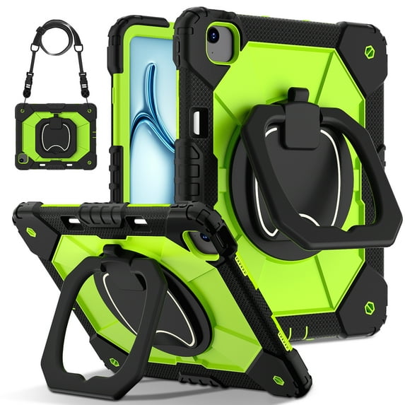 Decase Kids Case for Apple iPad Air 13 (M3)(M2) 13-inch 2025/2024,Shockproof Rotatable Stand Cover,Detachable Shoulder Strap,Rugged 3-Layer Tablet Shell with Pen Holder,Black+Green