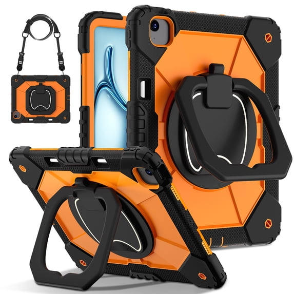 Decase Kids Case for Apple iPad Air 13 (M3)(M2) 13-inch 2025/2024,Shockproof Rotatable Stand Cover,Detachable Shoulder Strap,Rugged 3-Layer Tablet Shell with Pen Holder,Black+Orange